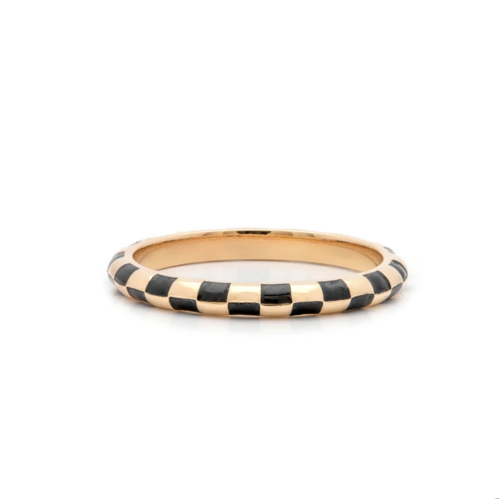 Gold and Black Checker Enamel Stackable Ring